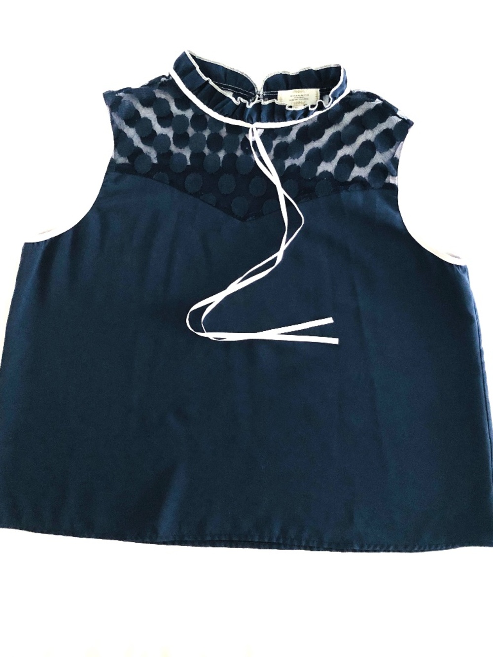 Shannon Ford New York Navy Blue Sleeveless Blouse Mesh Polka Dot Yoke Size XL